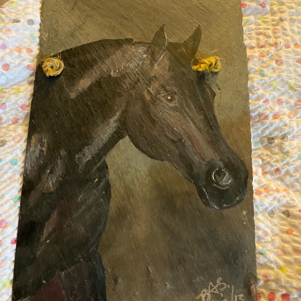 Hand painted horse on dark slate